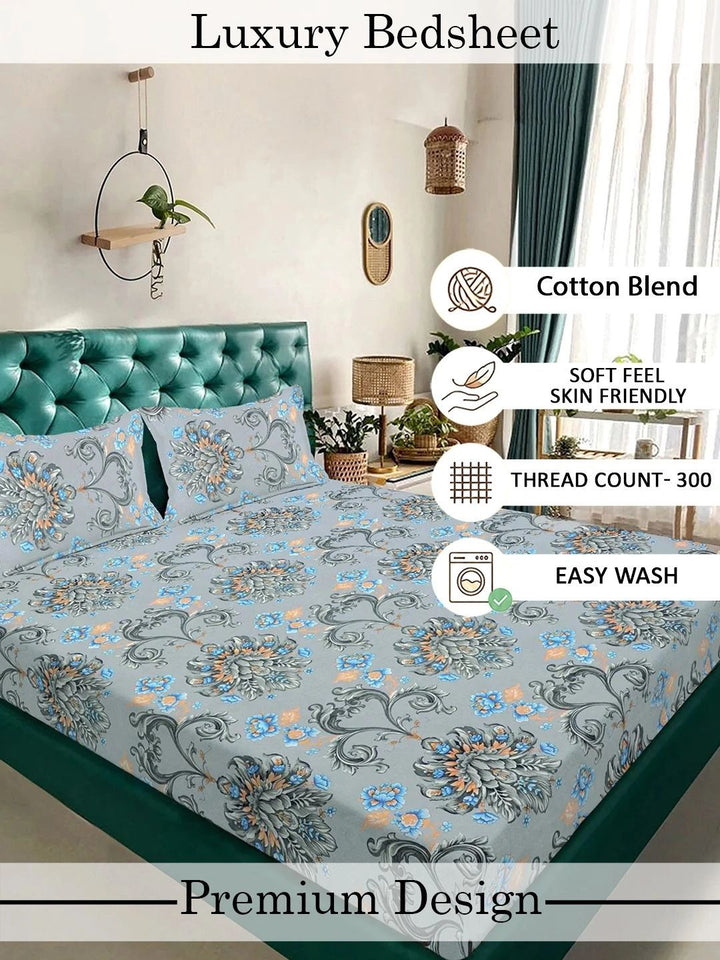 Myntra Elegant Homes Grey Floral 300 TC King Bedsheet with 2 Pillow Covers