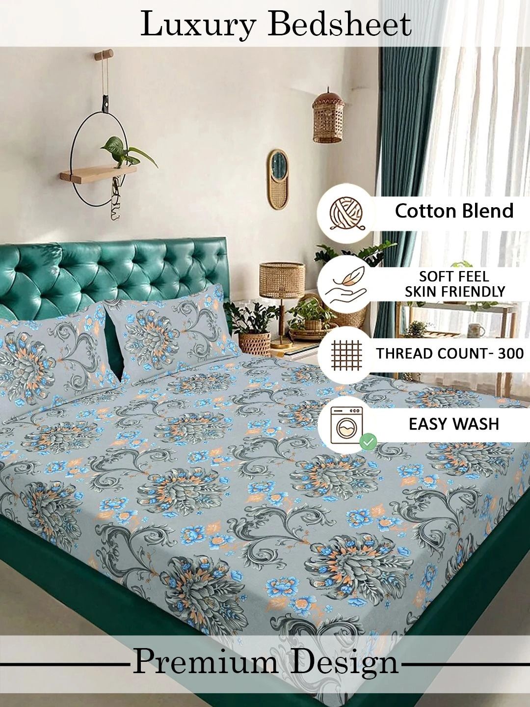 Myntra Elegant Homes Grey Floral 300 TC King Bedsheet with 2 Pillow Covers