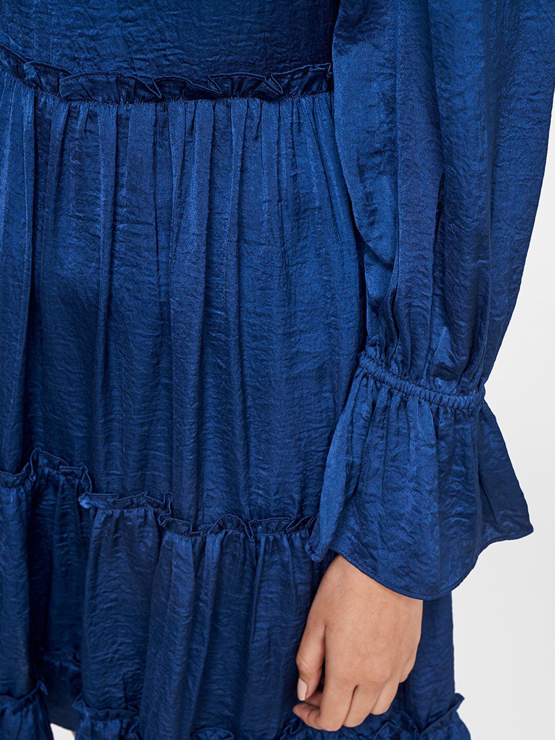 AND Navy Blue Solid Tiered Bell Sleeves Dress