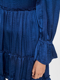 AND Navy Blue Solid Tiered Bell Sleeves Dress