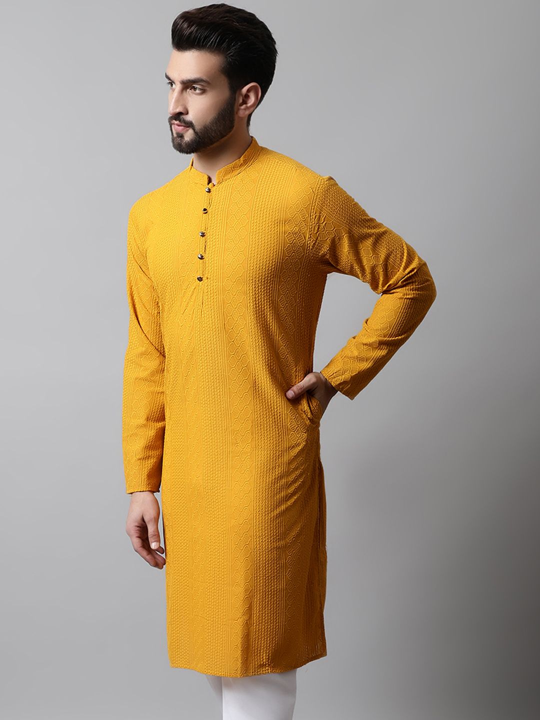 Jompers Men Mustard Yellow Embroidered Pure Cotton Kurta