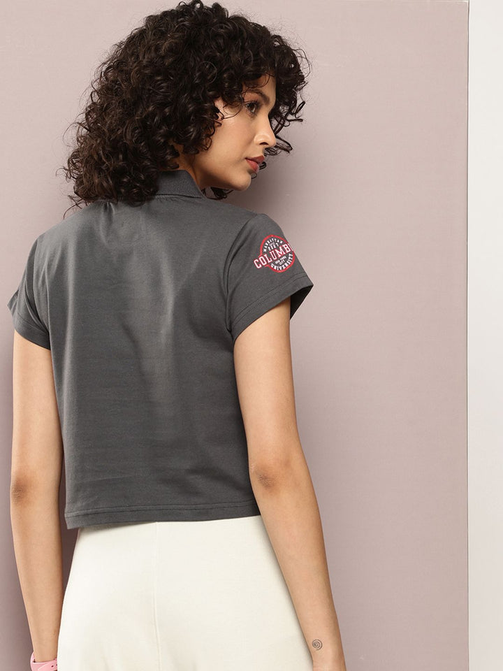 DILLINGER Women Regular Cropped Self Design Polo Tshirt