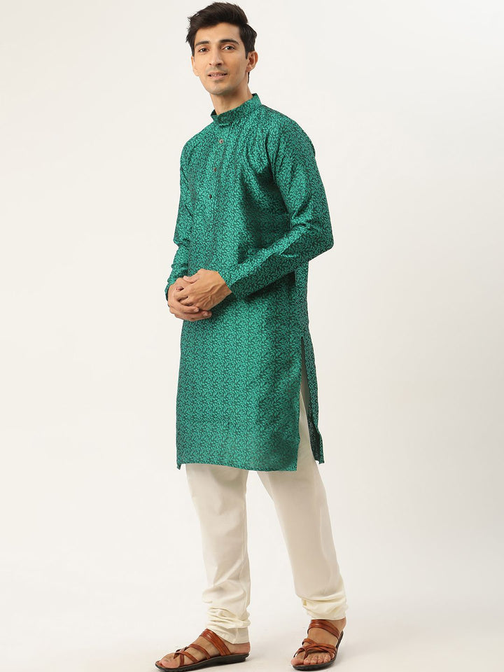 SOJANYA Men Green & Red Ethnic Motifs Woven Design Kurta with Churidar & Nehru Jacket