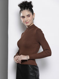SASSAFRAS Women Brown High Neck Acrylic Pullover