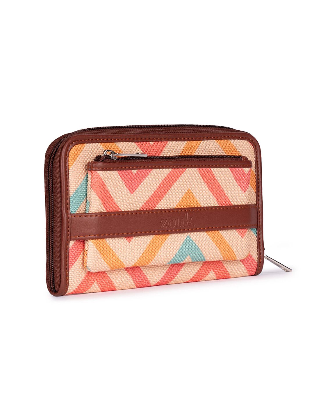 ZOUK Women Cream-Coloured & Pink Printed Vegan Leather Zip Around Wallet