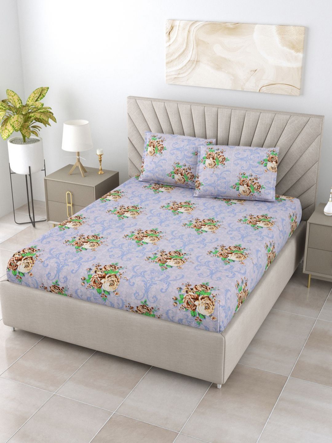 BOMBAY DYEING Dream Lover Purple Floral Cotton 104 TC Queen Bedsheet Set 2.54 x 2.24m