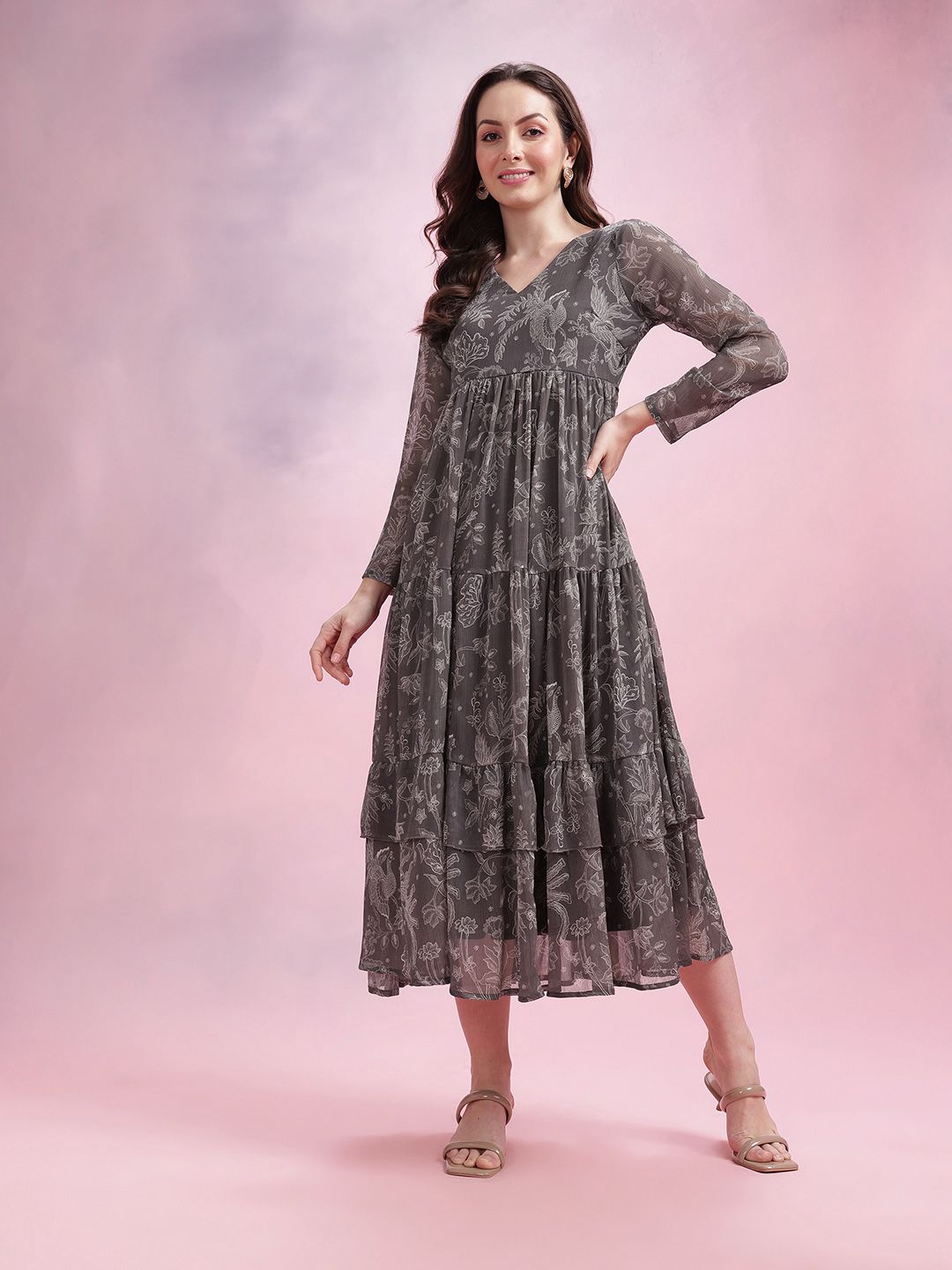 DressBerry Printed Ruffled A-Line Tiered Midi Dress