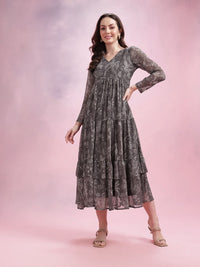 DressBerry Printed Ruffled A-Line Tiered Midi Dress