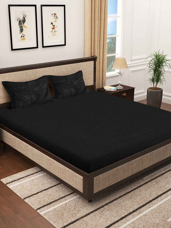 KLOTTHE Black 300 TC Woolen Double Bed Bedsheet With 2 Pillow Covers