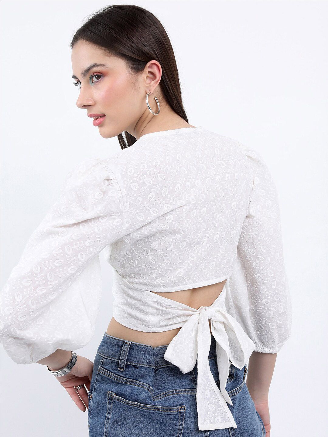 Tokyo Talkies Floral Embroidered V-Neck Puff Sleeve Wrap Crop Top