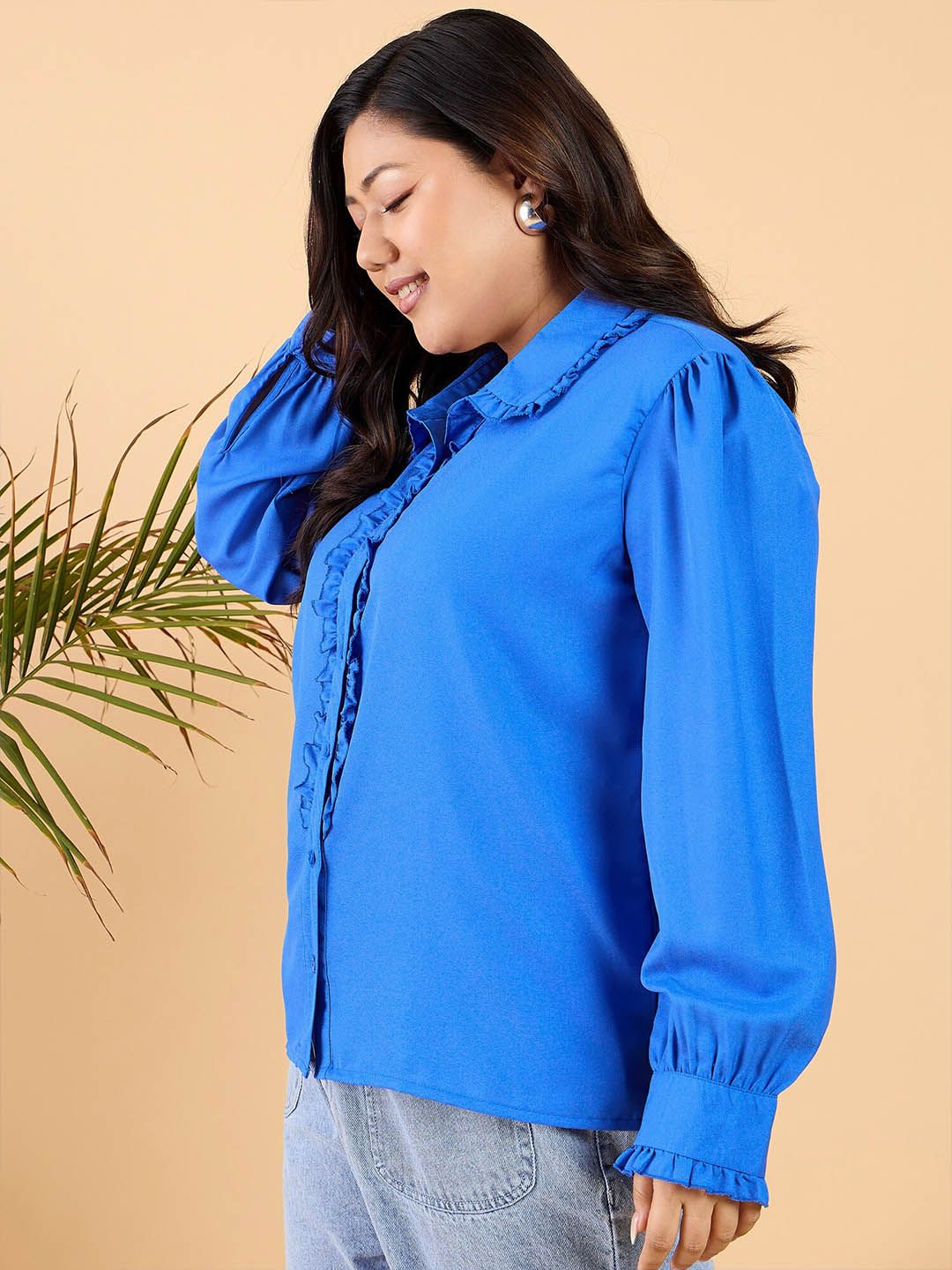 CURVY STREET Plus Size Comfort Frilled Casual Shirt