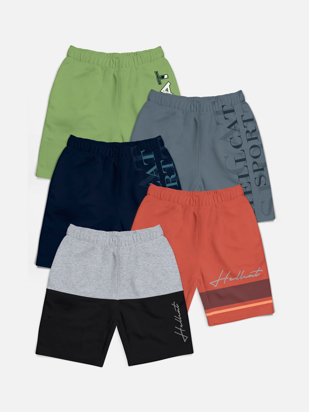 HELLCAT Boys Pack Of 5 Typography Printed Cotton Mid-Rise Shorts