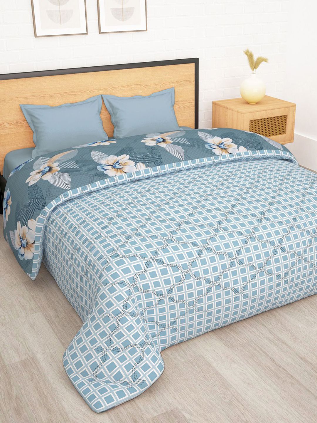Story@home Grey & Blue Printed Reversible 120 GSM AC Room Double Bed Comforter