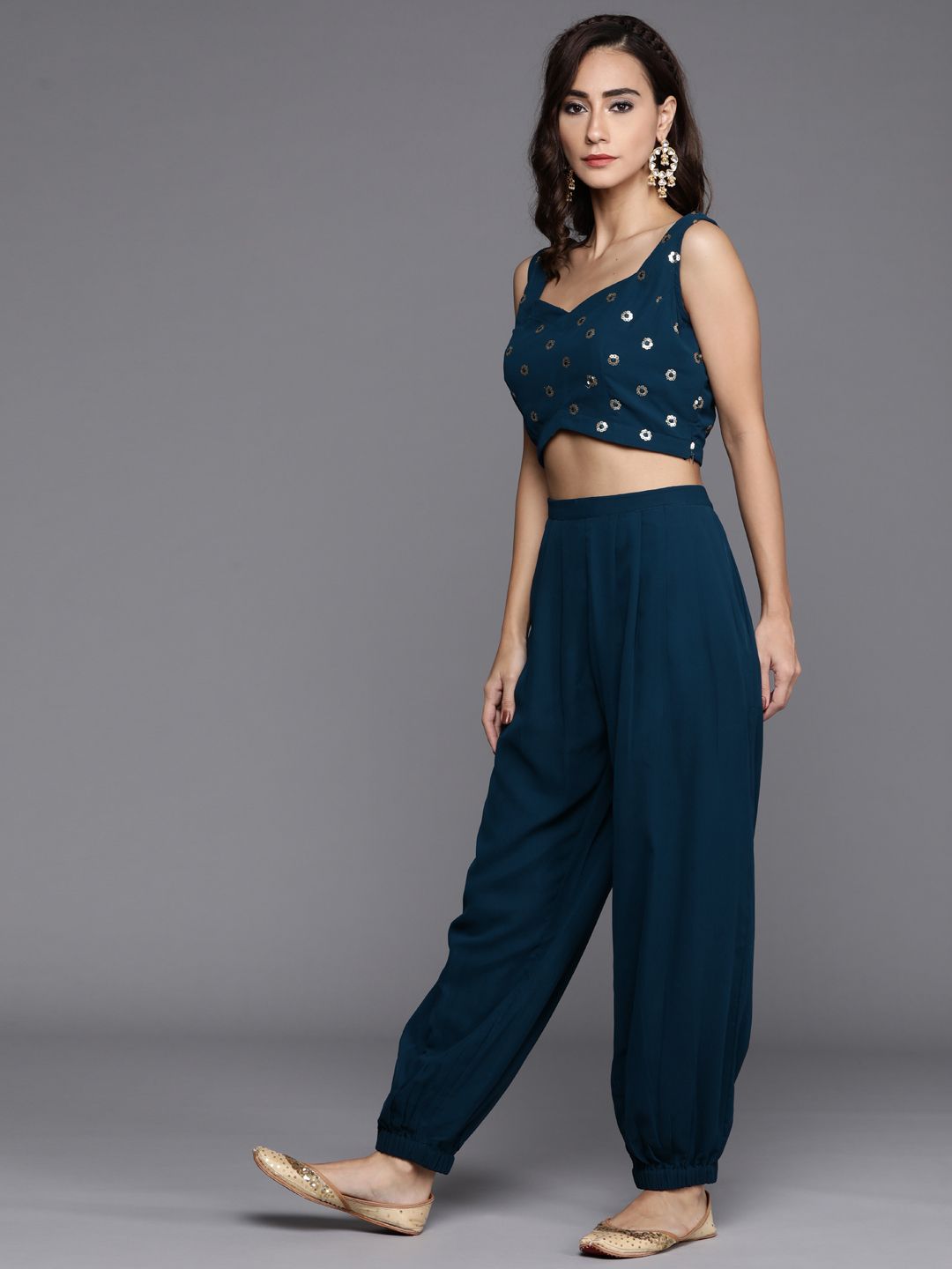 Libas Women Navy Blue Sequinned Top with Harem pants & shrug