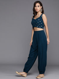 Libas Women Navy Blue Sequinned Top with Harem pants & shrug