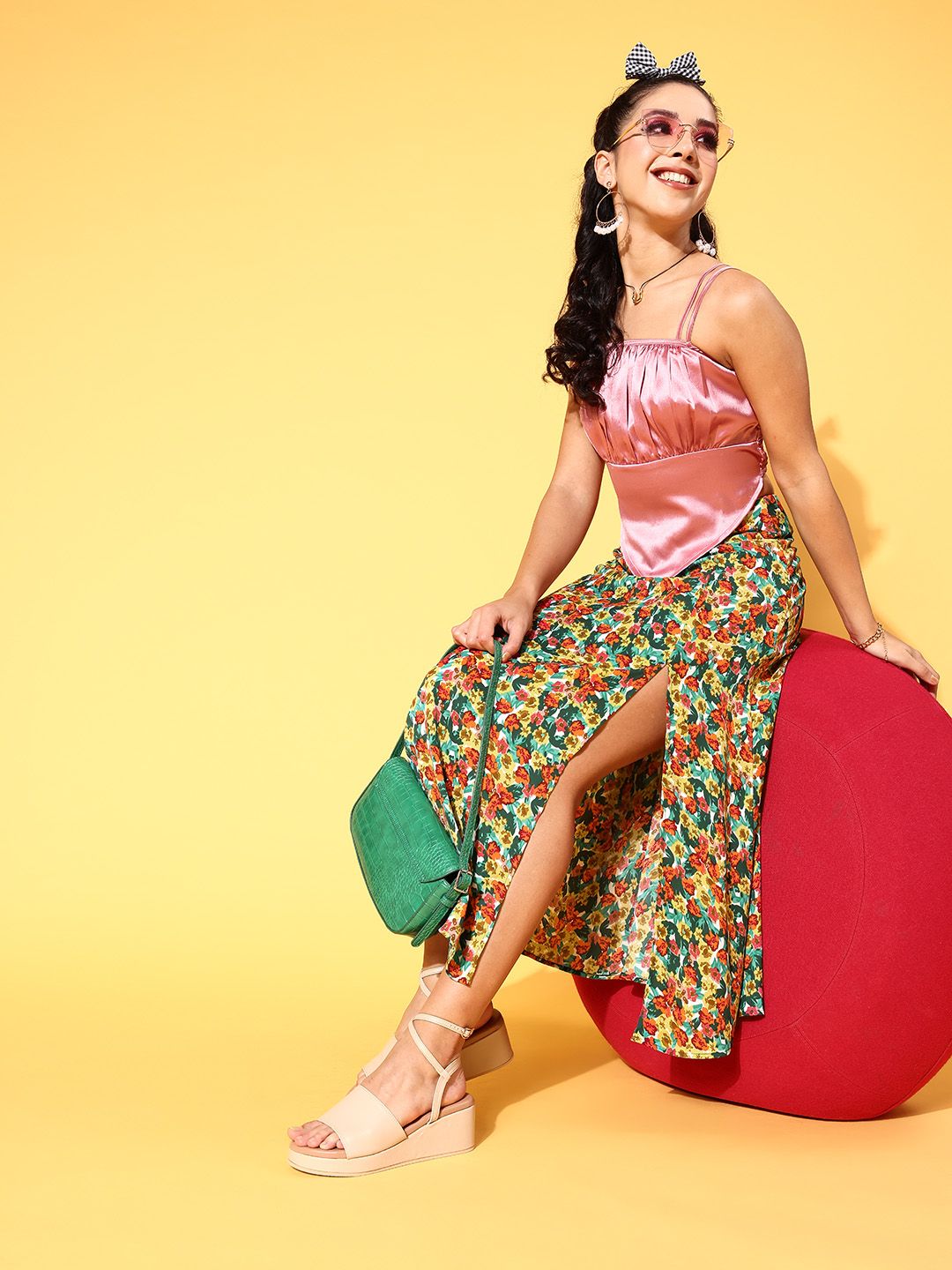 Berrylush Women Green & Red Floral High-Slit Midi A-Line Skirt