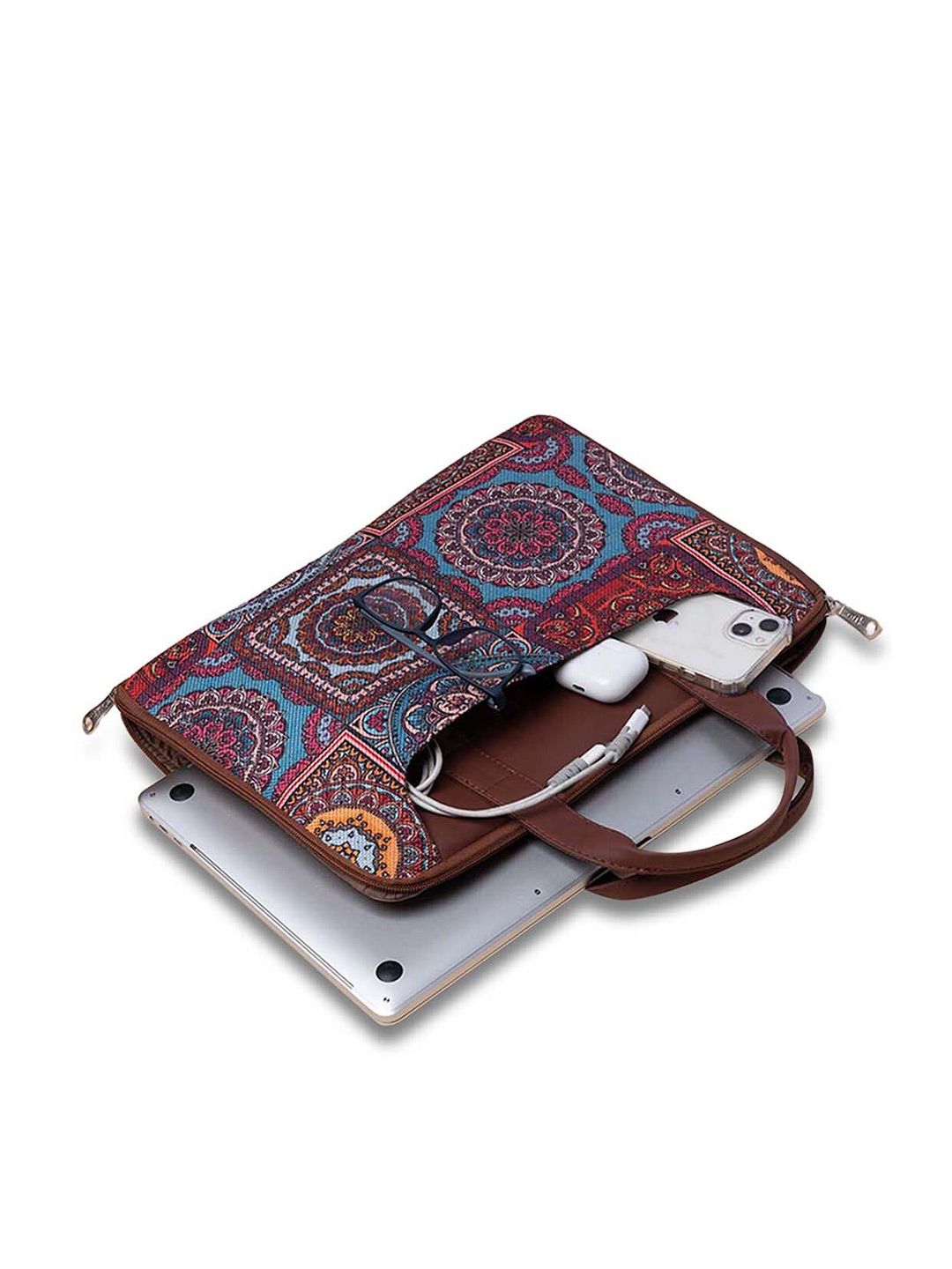 ZOUK Women Brown & Blue Printed Jute Laptop Sleeve