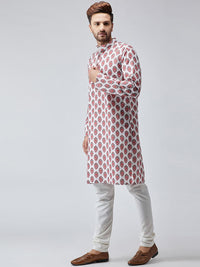 SOJANYA Men White & Red Printed Straight Kurta