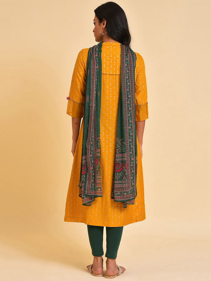 W Mustard Yellow & Green Embroidered Panelled A-Line Kurta Leggings & Dupatta