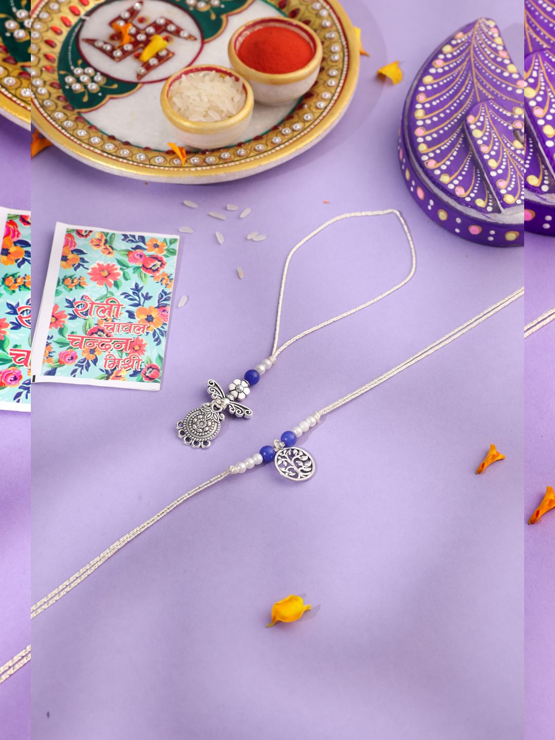 NVR Set of 2 Silver Toned Pearls & Beads Bhaiya Bhabhi Rakhi with Roli Chawal Chandan