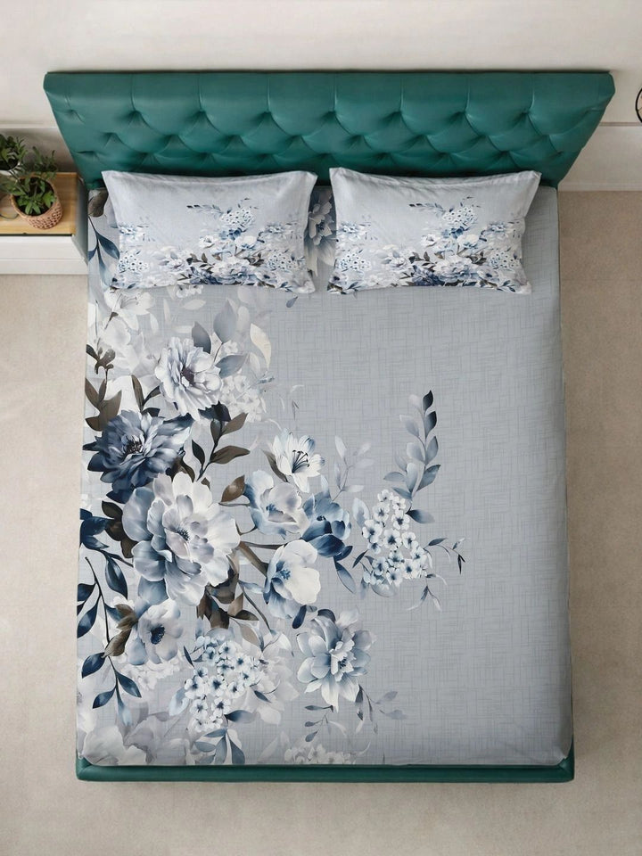 Moda Rapido X KLOTTHE Grey & Blue Floral 400 TC Bedsheet with 2 Pillow Covers