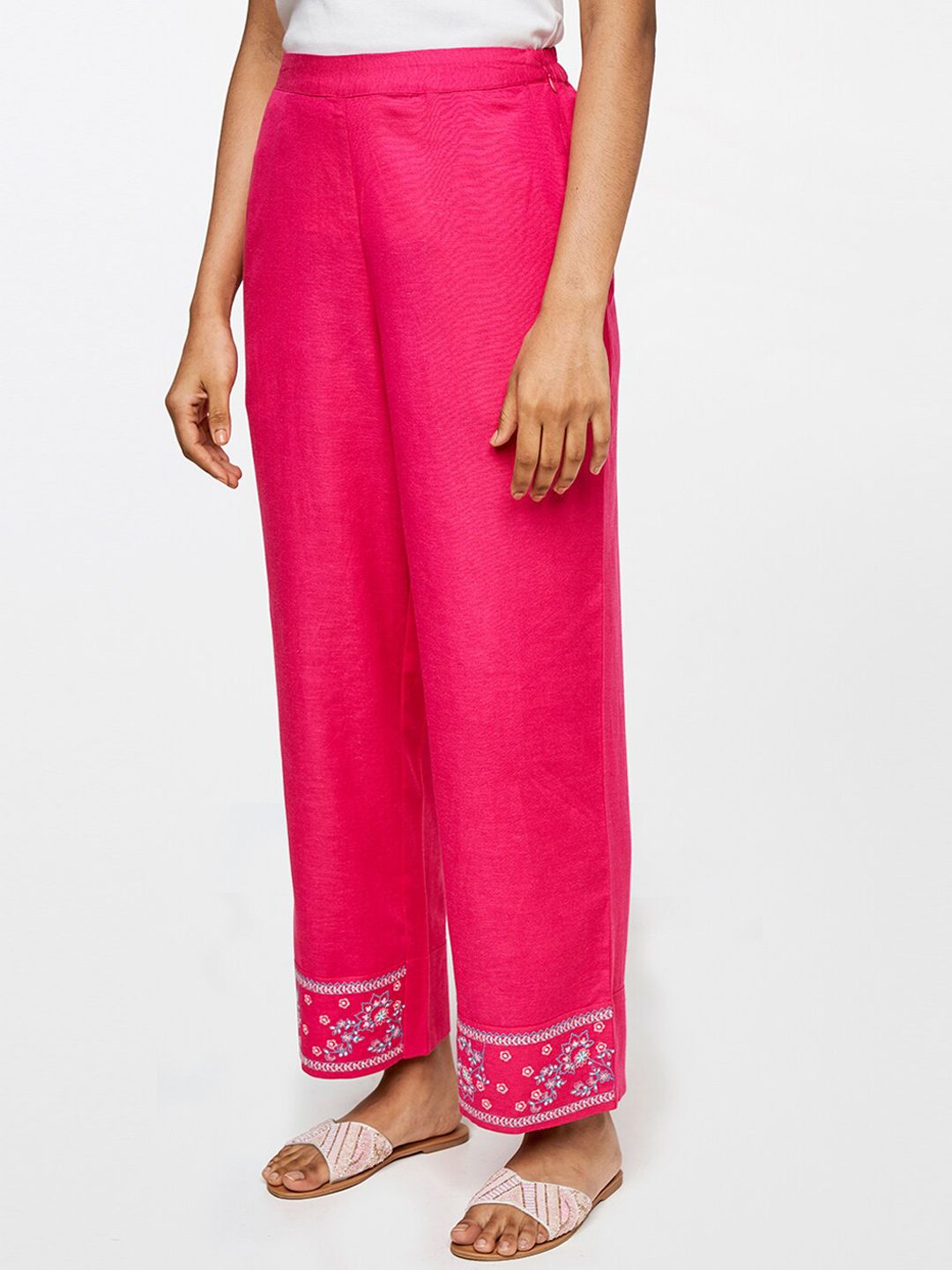 Global Desi Women Pink Floral Embroidered Trousers
