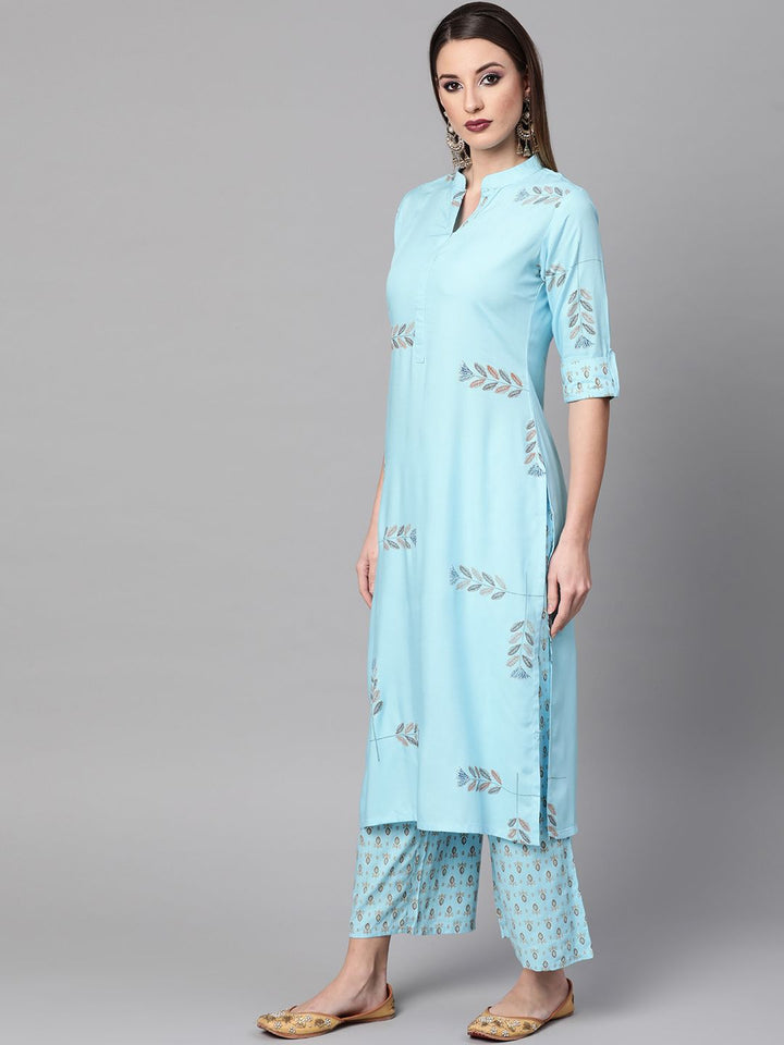 Gerua By Libas Women Blue  Mustard Yellow Block Print Kurta with Palazzos