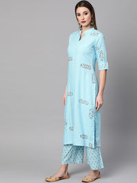 Gerua By Libas Women Blue  Mustard Yellow Block Print Kurta with Palazzos