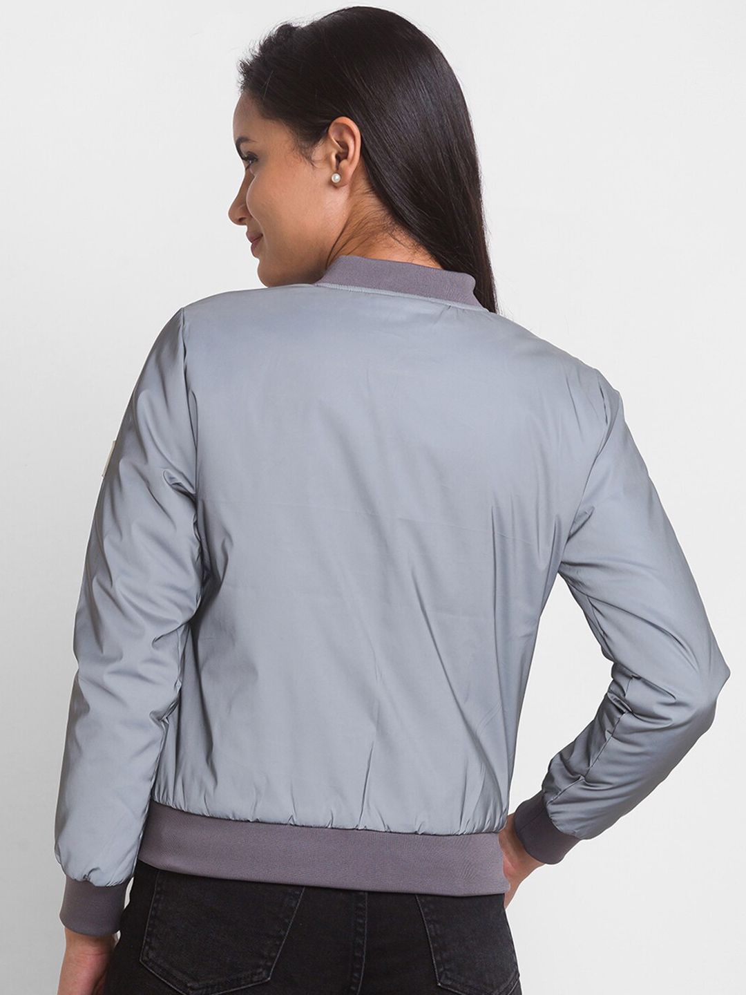 SPYKAR Women Silver-Toned Casual Bomber Jacket