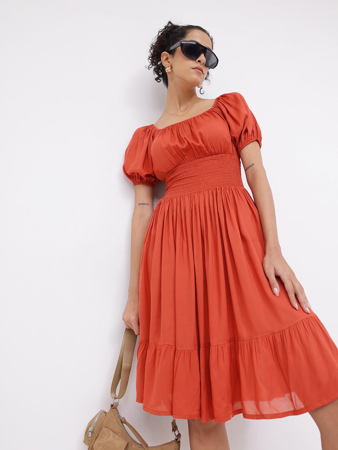 DressBerry Effortless Essence Smocked Waist Puff Sleeves A-line Dress
