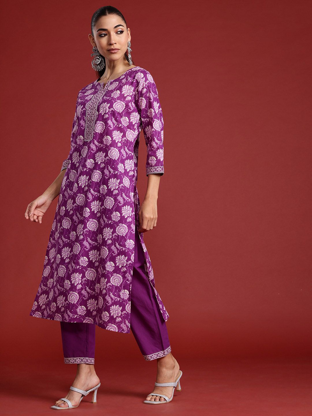 Indo Era Floral Printed Mirror Work Pure Cotton Kurta With Trousers & Dupatta