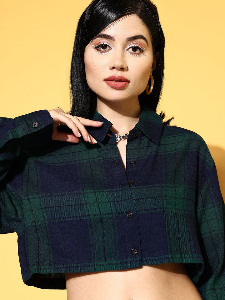 SASSAFRAS Women Navy Blue Checked Shirt with Skirt