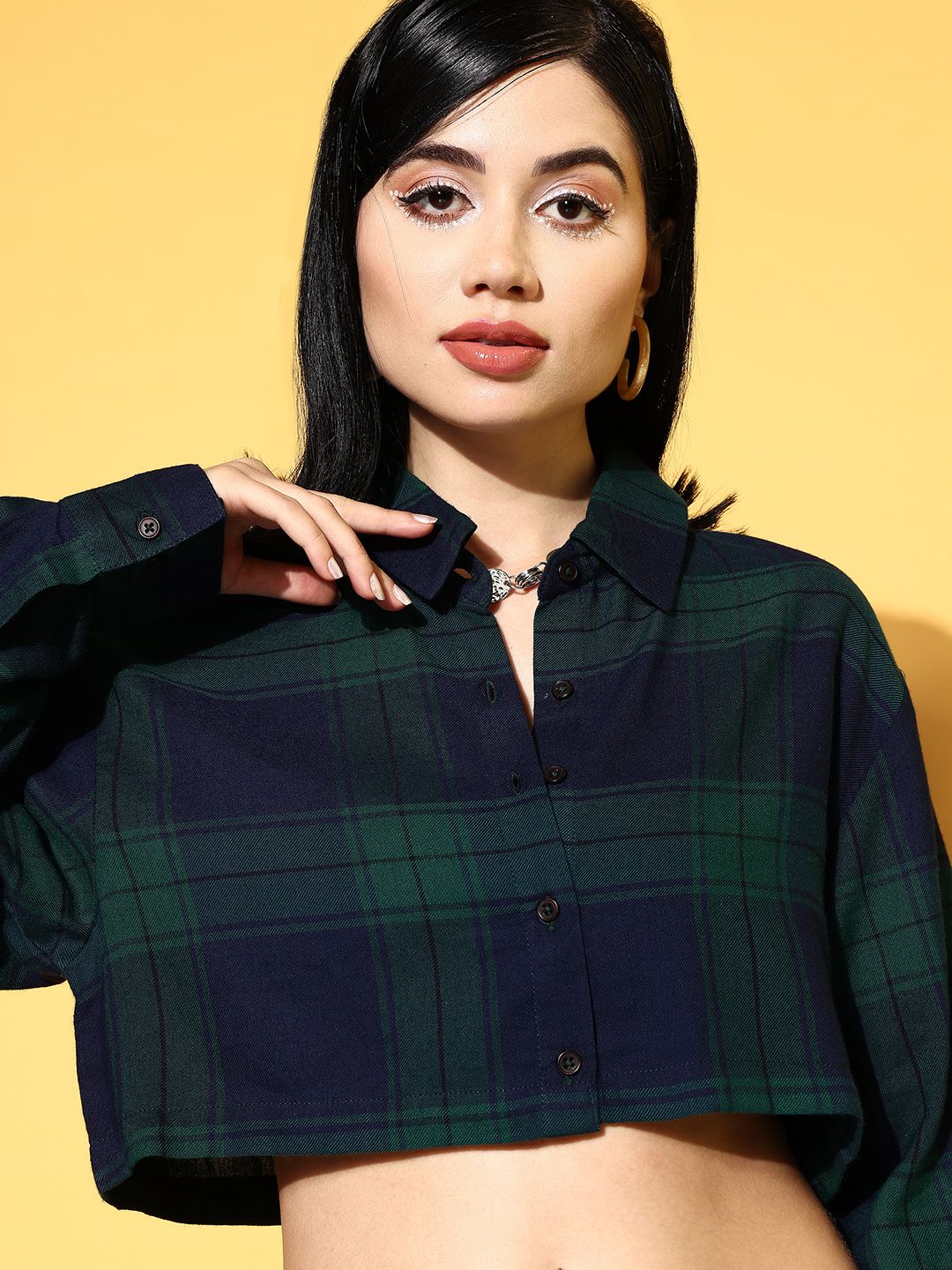 SASSAFRAS Women Navy Blue Checked Shirt with Skirt