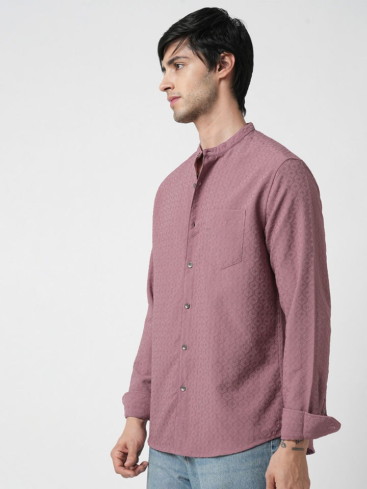 VASTRADO Men Classic Band Collar Textured Slim Fit Casual Shirt