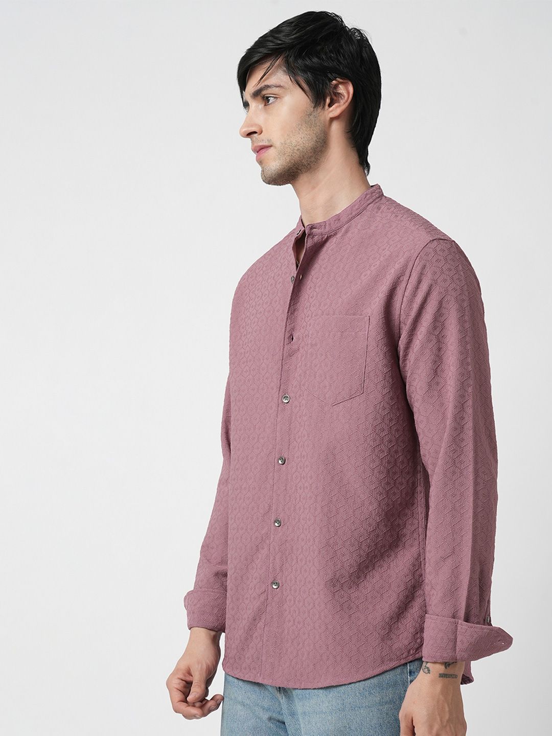 VASTRADO Men Classic Band Collar Textured Slim Fit Casual Shirt