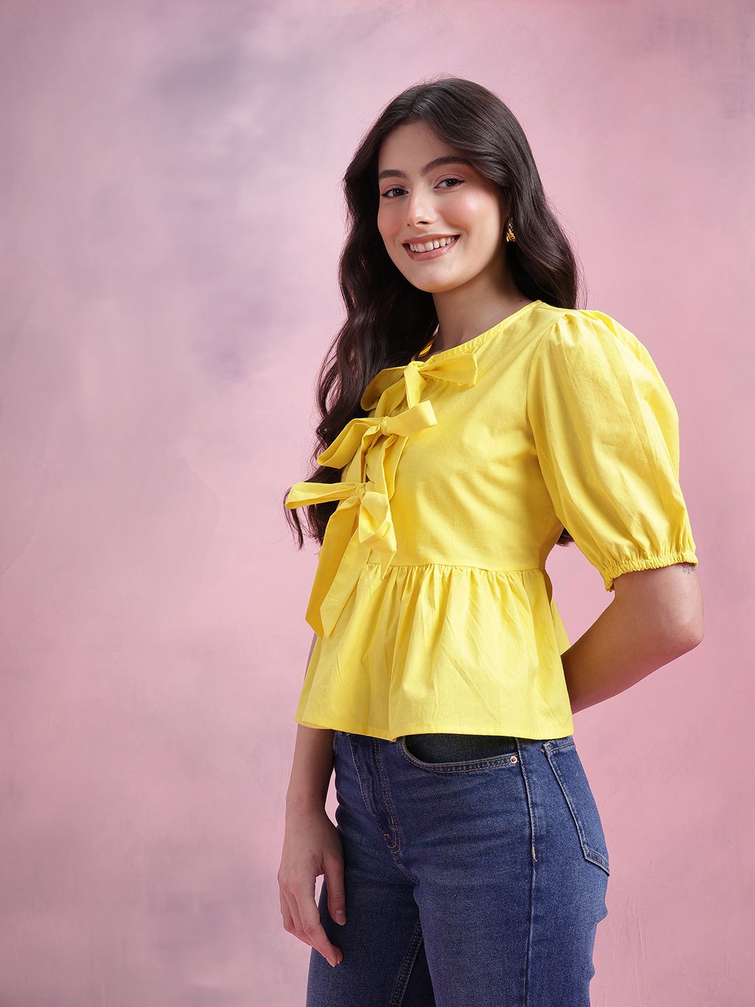 DressBerry Tie-Up Neck Puff Sleeve Pure Cotton A-Line Top