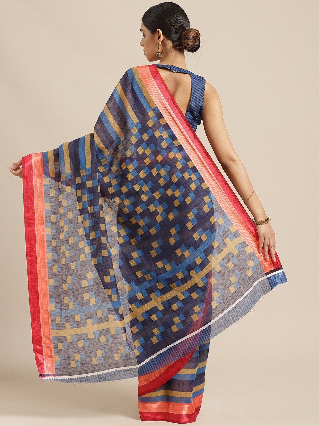 Saree mall Blue & Red Striped Silk Cotton Sarees