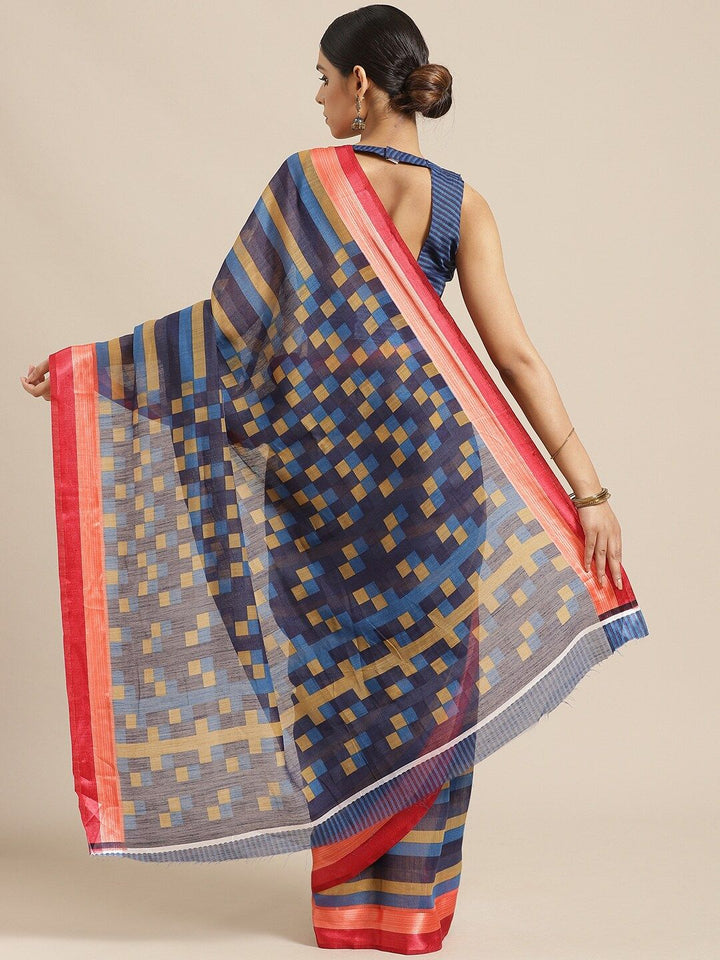 Saree mall Blue & Red Striped Silk Cotton Sarees