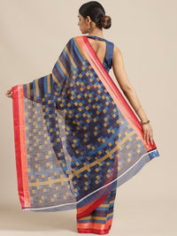 Saree mall Blue & Red Striped Silk Cotton Sarees
