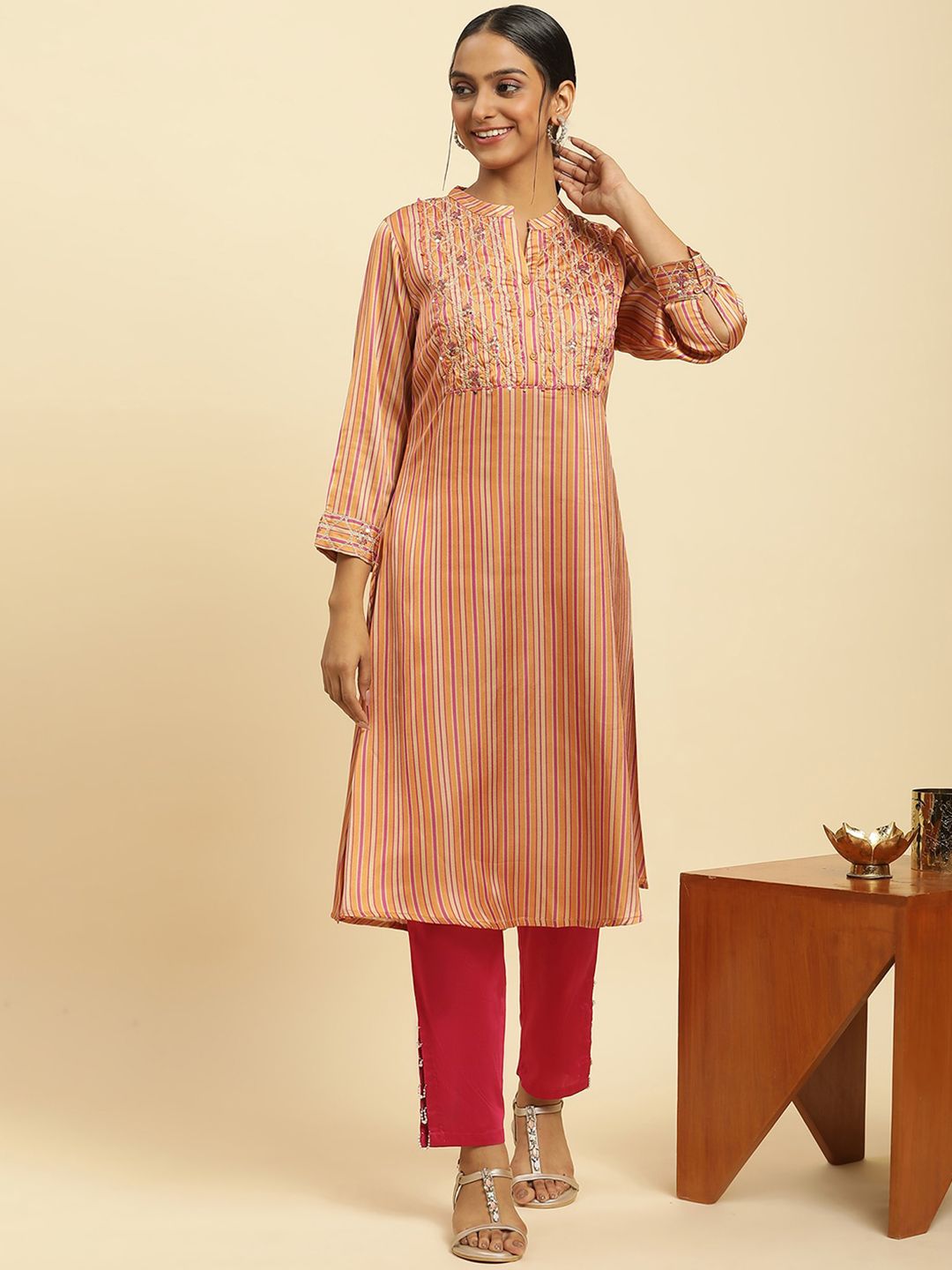 W Striped Sequinned Straight Kurta