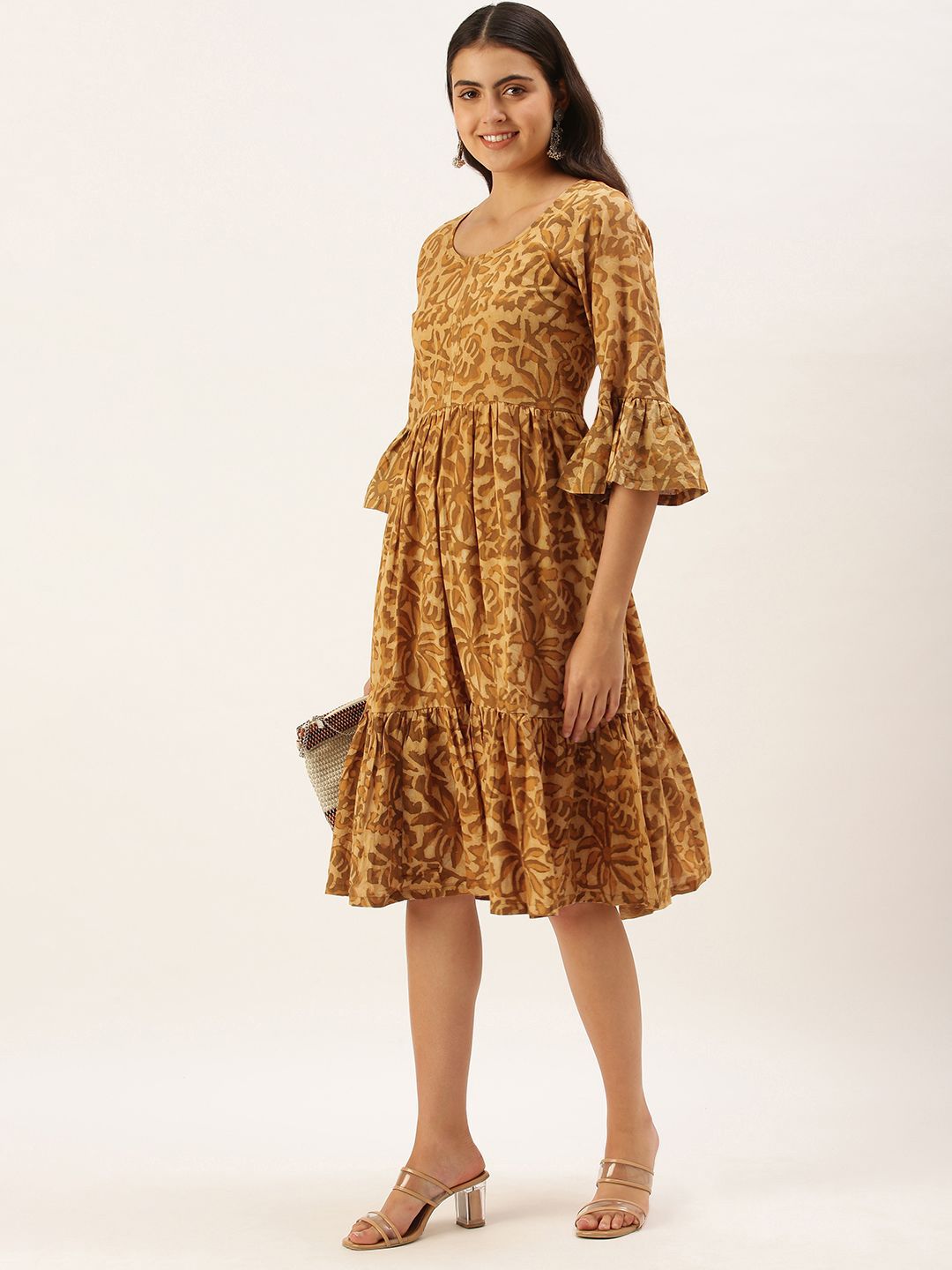KALINI Floral Printed Bell Sleeves Cotton Fit and Flare Dress