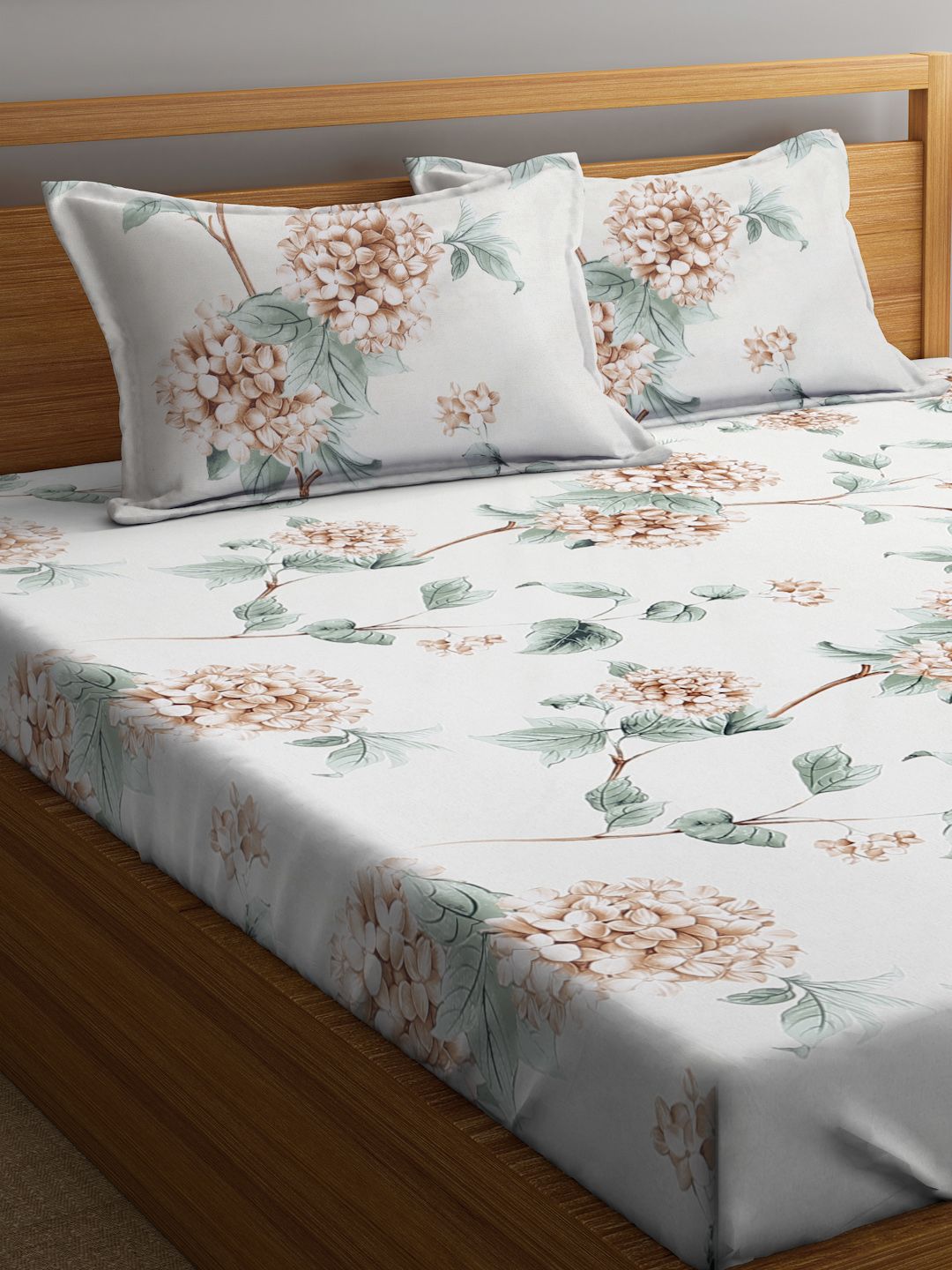 KLOTTHE Off White Floral Cotton 300 TC Fitted King Fine Bedsheet with 2 Pillow Covers-250 x 220 cm