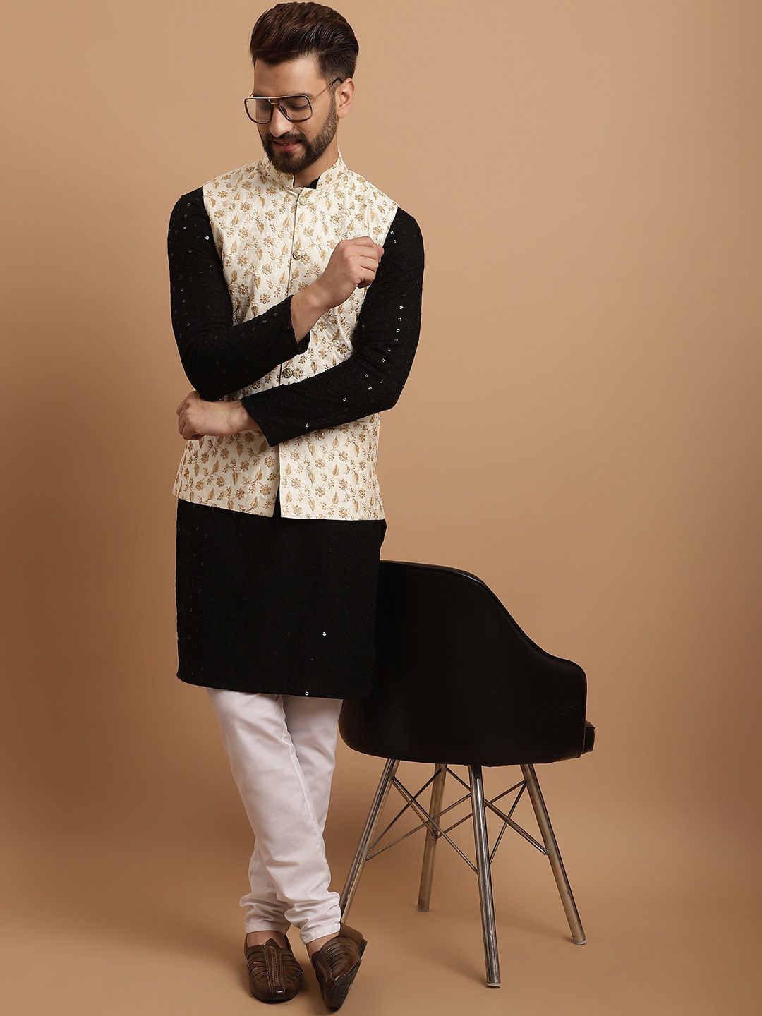 SOJANYA Ethnic Embroidered Sequinned Pure Cotton Kurta & Churidar With Nehru Jacket