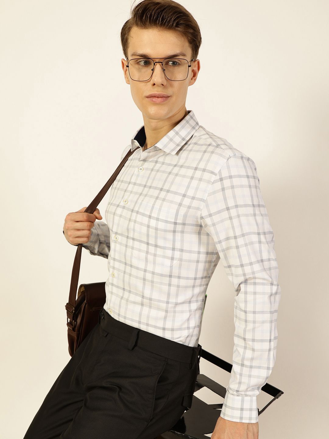 Thomas Scott Men Smart Cutaway Collar Checked Cotton Formal Shirt