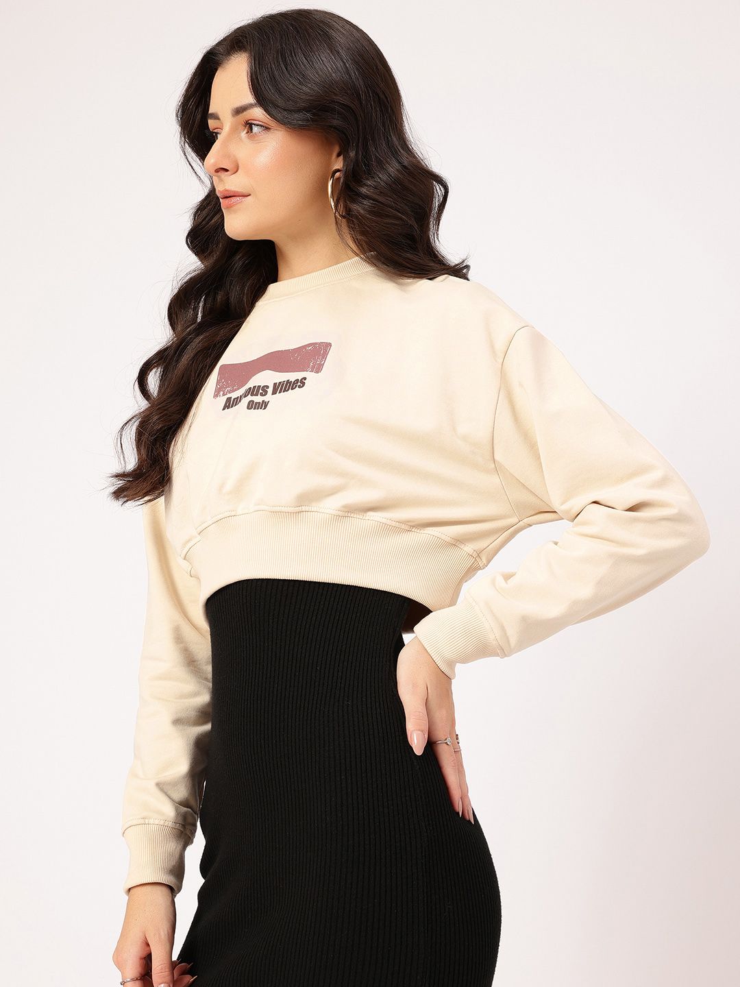 DressBerry Typography Printed Drop-Shoulder Crop Sweatshirt