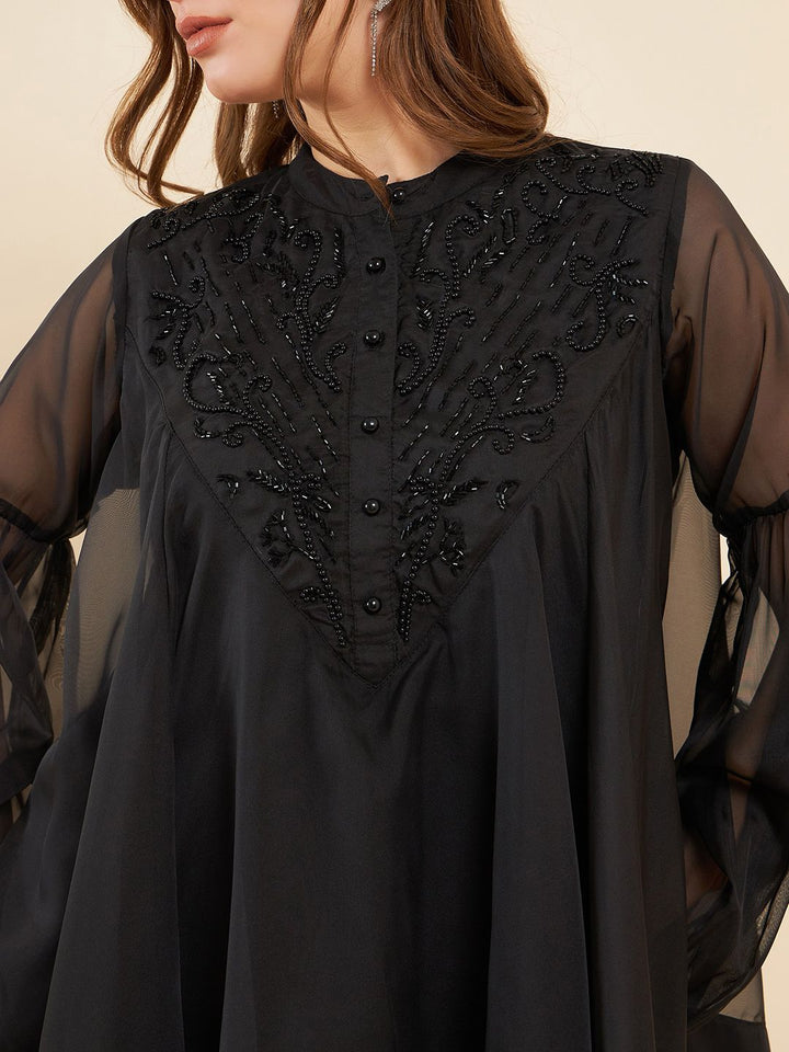 Antheaa Black Embellished Mandarin Collar Asymmetric Hem Organza Tunic With Palazzos