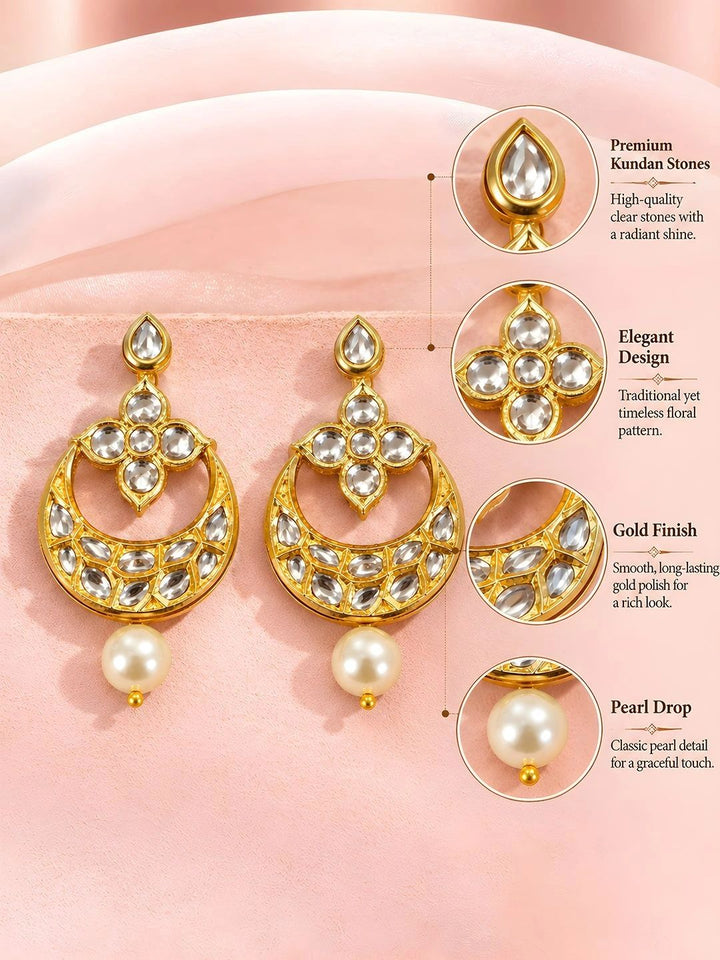 Gold-Toned Floral Crescent Kundan Studded Statement Pearl Drop Earrings