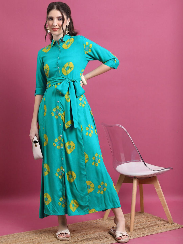 Vishudh Turquoise Blue Geometric Printed Tie Ups Detail Shirt Style Dress