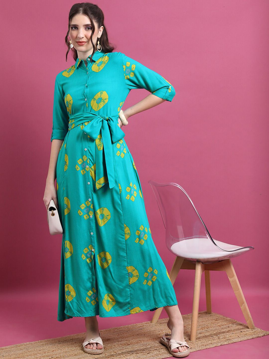 Vishudh Turquoise Blue Geometric Printed Tie Ups Detail Shirt Style Dress