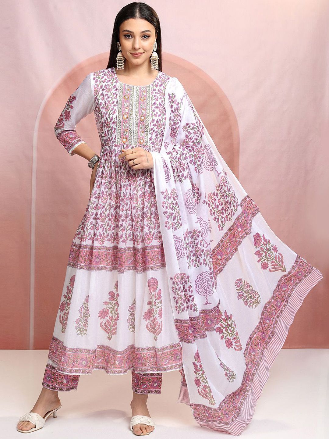 Vishudh White Floral Printed Pure Cotton Anarkali Kurta With Trousers & Dupatta